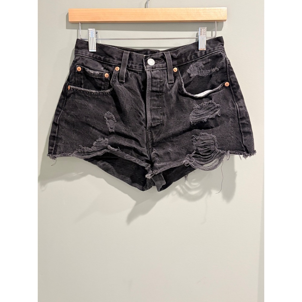 Levis Premium 501 Original Distressed Black Denim Shorts W26 Frayed Hem